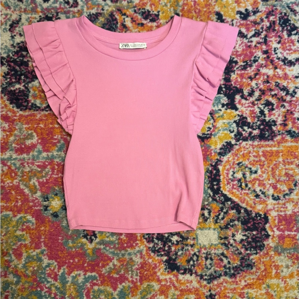 pink zara ruffle sleeve top